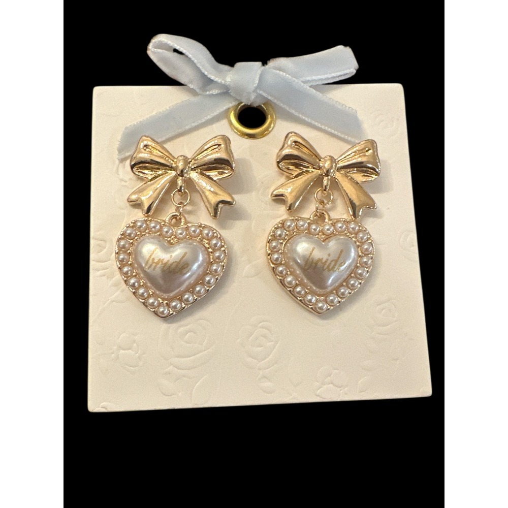 Gold Bow Pearl Heart Bride Drop Earrings‎ Wedding Bridal Bachelorette Accessory